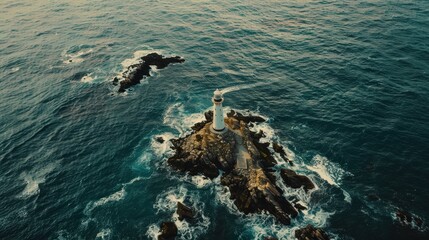 Obraz premium Capture the peaceful scene of a lone lighthouse standing guard on a rocky outcrop, surrounded by the ocean.
