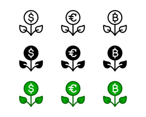 Money tree icon. Dollar plant sign. Funding symbol. Bitcoin pictogram. Passive income design. Growing money illustration.