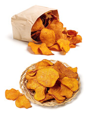 Stack of beet potato chips on white background