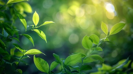 Obraz premium Vibrant green foliage appears illuminated by the gentle and warm morning sunlight, creating a serene and tranquil natural scene perfect for nature-themed uses.