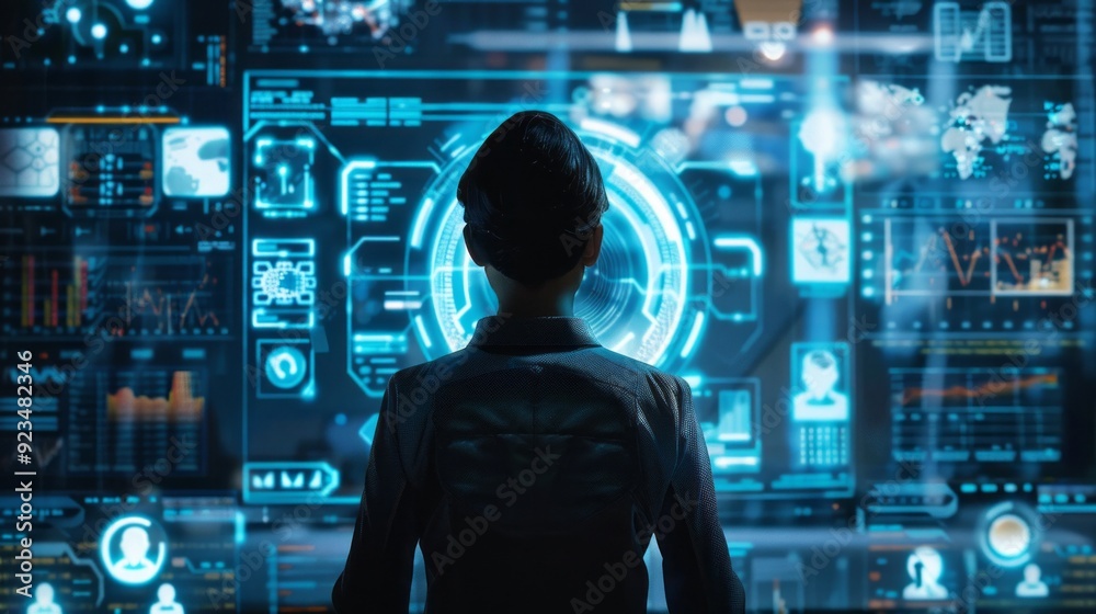 Aufkleber a person interacts with a futuristic interface, surrounded by digital data and graphics, immersed in
