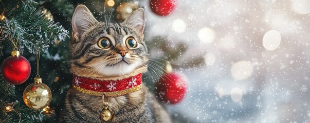 Festive cat decorated with a red collar, gazing at a Christmas tree adorned with ornaments and sparkling lights.