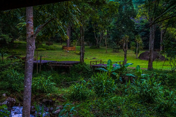 A lush green field with a wooden bridge and a stone wall