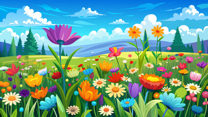 A beautiful, colorful field of flowers with a clear blue sky in the background. The field is full of wildflowers and the sky is sunny