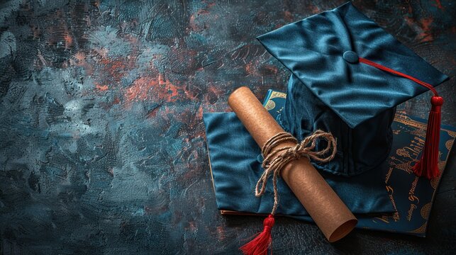 graduation cap,diploma on black background flat lay top view.