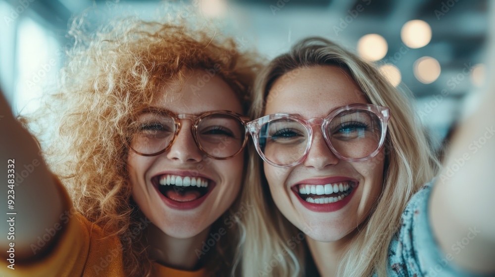 Wall mural two women are laughing heartily, one with curly hair and the other with straight hair, both wearing 