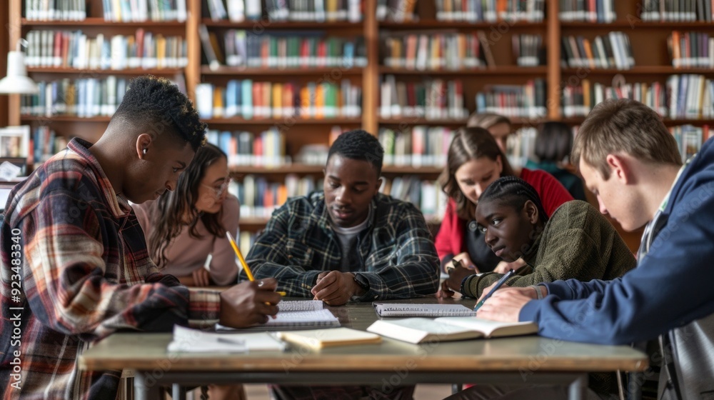 Poster Students engage in focused discussions and collaborative work while surrounded by books and learning resources