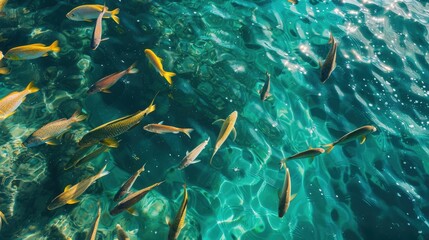 Fototapeta premium Capture the vibrant sight of a school of fish swimming near the ocean surface.