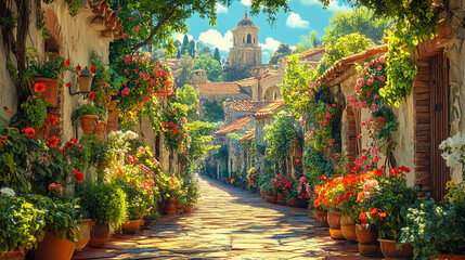 Mediterranean village street. The architecture is characterized by whitewashed walls, terracotta rooftops, and rustic stonework.