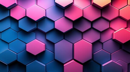 Hexagonal grid pattern, starting with deep blue tones blending into bright pink, smooth gradient transition, modern geometric design, vibrant colors