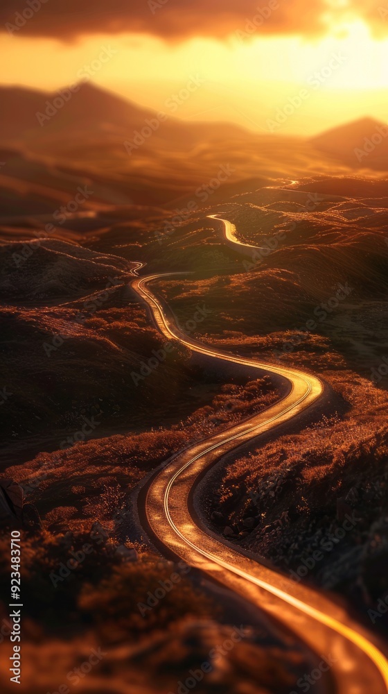 Poster the warm glow of sunset casts a golden hue on a winding road, surrounded by hills, creating a serene