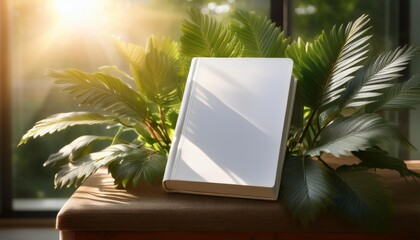 Book Mockup with Natural Sunlight and Greenery.