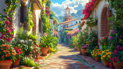 Mediterranean village street. The architecture is characterized by whitewashed walls, terracotta rooftops, and rustic stonework.