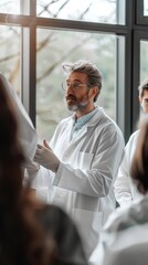 A scientist discusses research with a group of listeners in a contemporary lab setting