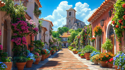 Mediterranean village street. The architecture is characterized by whitewashed walls, terracotta rooftops, and rustic stonework.
