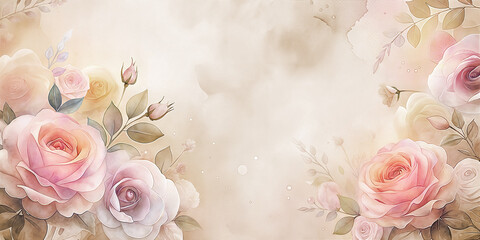 Watercolour delicate summer roses blossom composition in pastel background with copy space for multiple uses cards: wedding invitation, card design, spring floral invitation card, thank you card