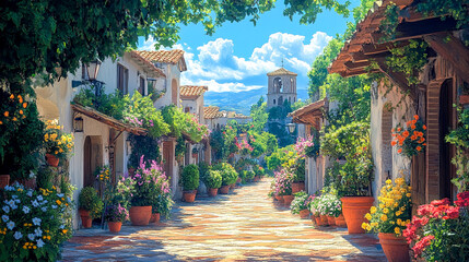 Mediterranean village street. The architecture is characterized by whitewashed walls, terracotta rooftops, and rustic stonework.