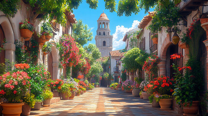 Mediterranean village street. The architecture is characterized by whitewashed walls, terracotta rooftops, and rustic stonework.