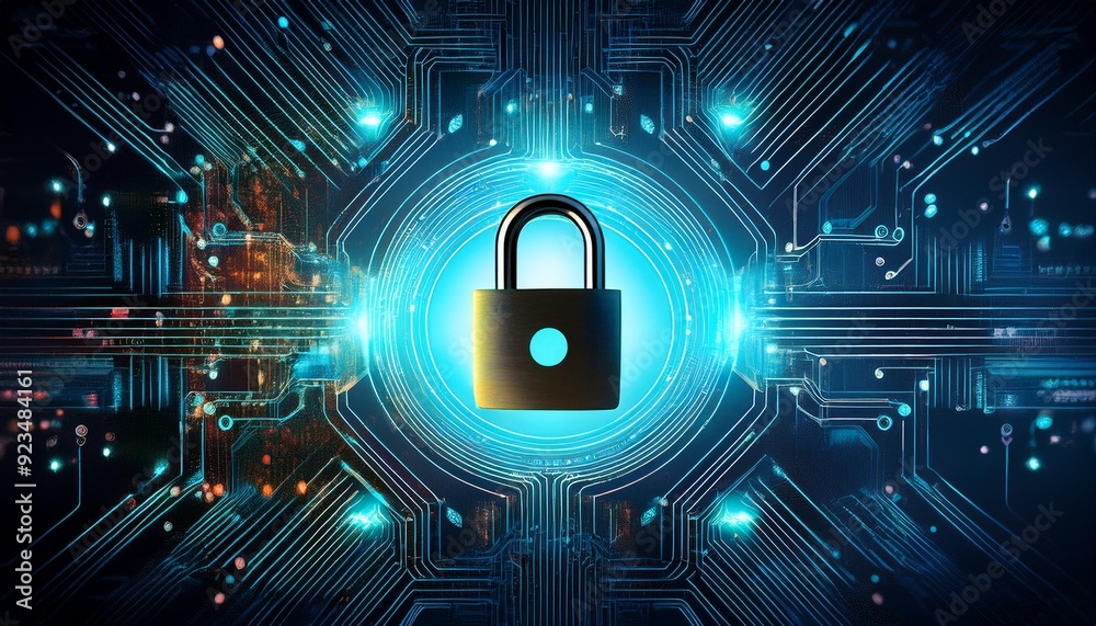 Poster cyber security - padlock on abstract circuit board.