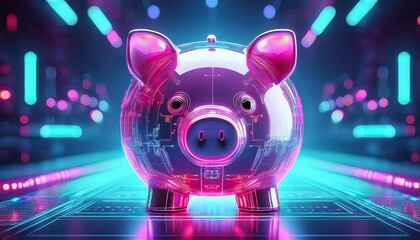 Fototapeta premium Cute pink piggy bank in a futuristic, neon-lit, technology setting with digital and cyber elements.