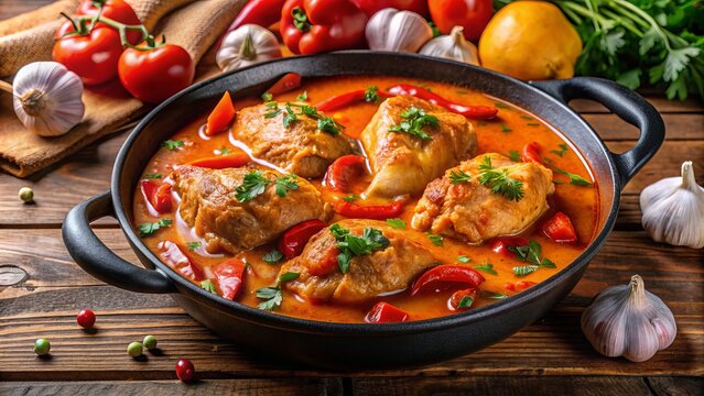 Hearty Hungarian chicken paprikash simmers in a rich, flavorful broth filled with tender chunks of chicken, bell peppers, and onion in a traditional cast-iron pot.