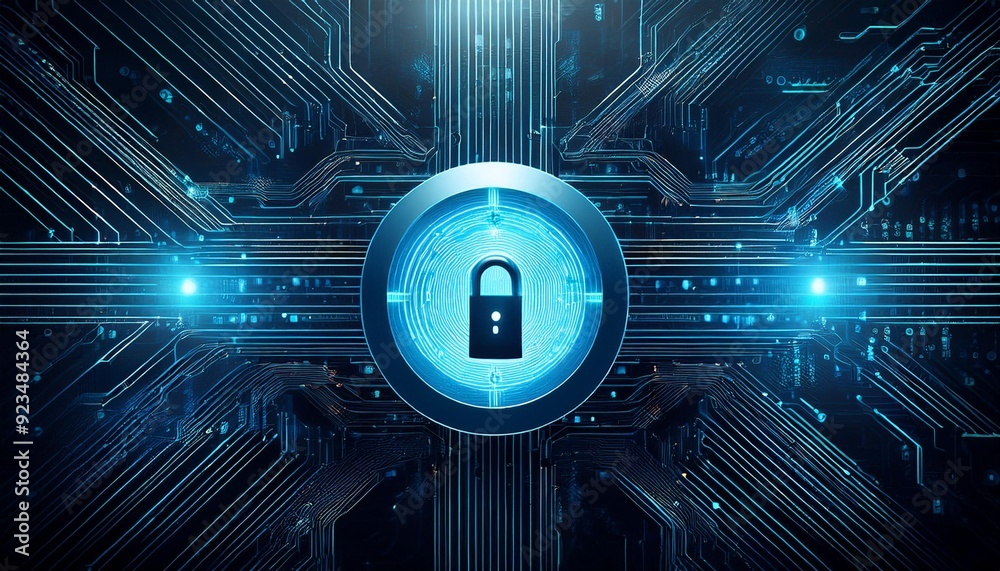 Wall mural digital security lock on abstract circuit board background.