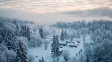 High-angle view of a winter wonderland with light rain creating a misty atmosphere over snow-covered trees and buildings.