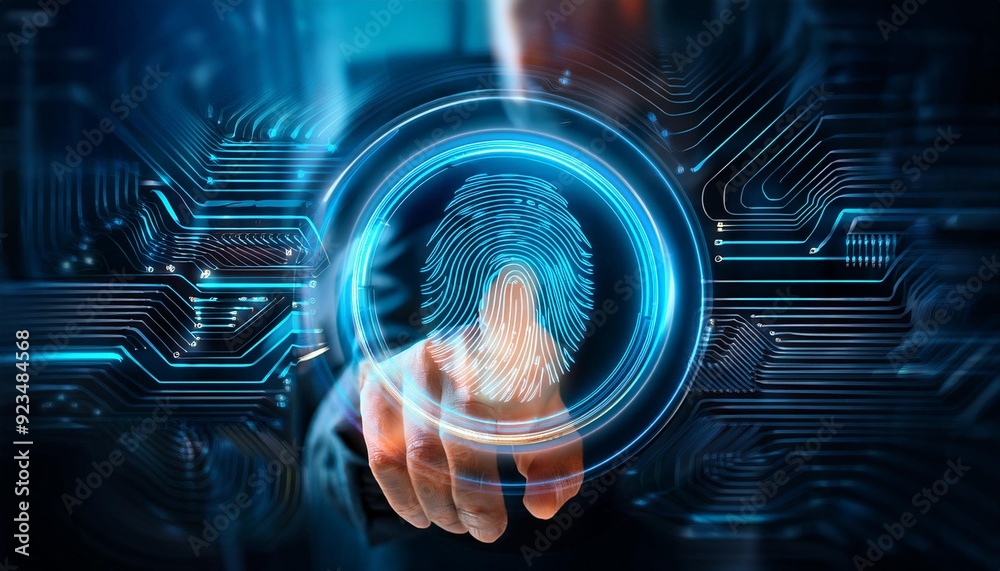 Poster fingerprint scan on a futuristic interface.