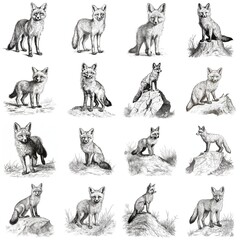 Obraz premium Detailed Illustration of Foxes in Various Poses - Black and White Animal Artwork