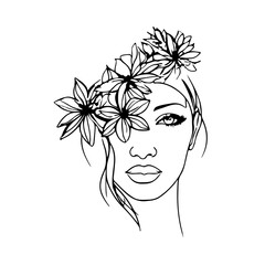 Female Face with Flowers Line Art Vector Illustration. Sketch Black Silhouette of Woman Floral Head on White Background. Woman Portrait Linear Illustration for Modern Design