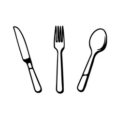 Hand Drawn Vector Illustration of Line Art Tableware Silhouettes. Fork, Knife, Spoon Silhouette in Abstract Sketch Linear Style for Minimalistic Design.