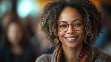 A smiling woman with curly hair and glasses, radiating confidence and warmth in a vibrant setting.