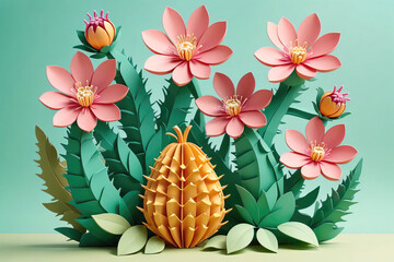 Colorful Handmade Paper Flowers and Pineapple Displaying Tropical Vibes in Artistic Arrangement on Light Background