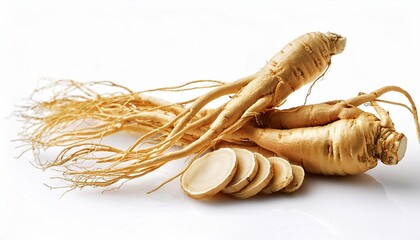 Obraz premium Ginseng Roots Isolated on White Background for Herbal Medicine Supplements and Skincare Products