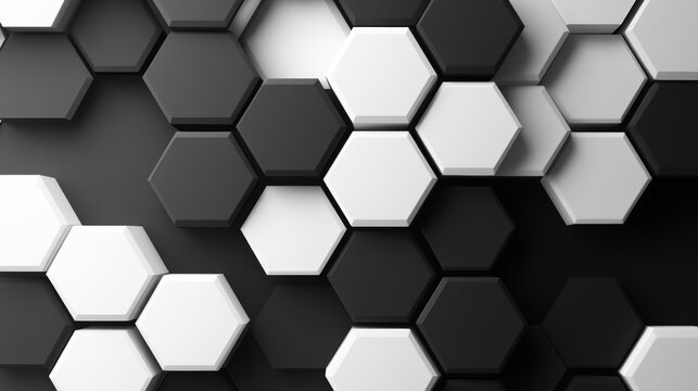 Interlocking hexagons forming a seamless optical illusion, with high-contrast black and white tones, creating a mesmerizing visual effect