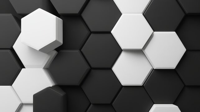 Interlocking hexagons forming a seamless optical illusion, with high-contrast black and white tones, creating a mesmerizing visual effect