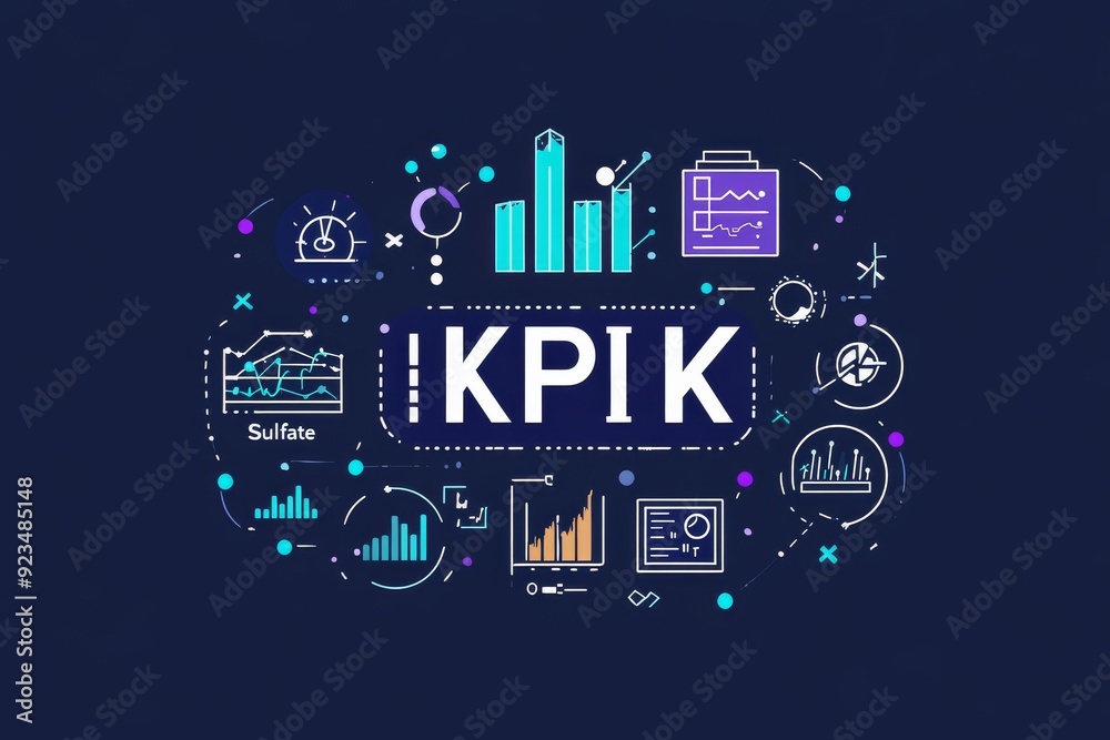 Poster colorful illustration of data analytics and kpi metrics with graphs and charts