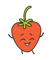 Funny strawberry doodle kawaii character illustration with outline isolated on white.