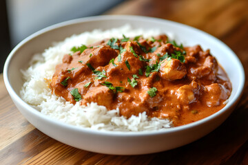 Indian chicken tikka masala with rice commercial advertising photo
