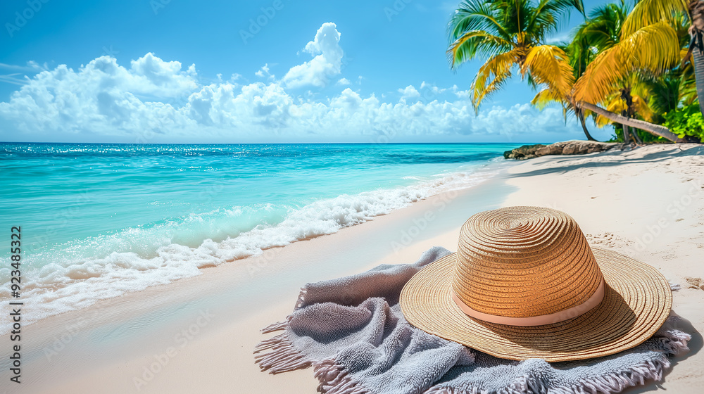 Wall mural straw hat and towel on sunny tropical beach with palm trees and turquoise water