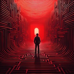 Man Standing in Red Light at the End of a Maze.