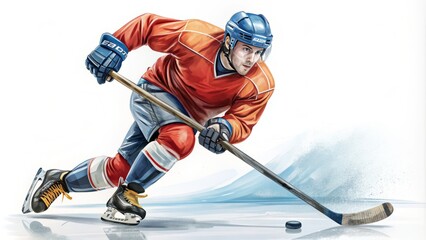 Obraz premium Illustrative sketch of a hockey player in action, stickhandling the puck while wearing a helmet and protective gear, set against a clean white background.