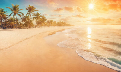 Picturesque Beachfront at Sunset With Palm Trees and Gentle Ocean Waves in Tropical Paradise