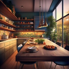 smart home luxury kitchen; cook at the table; modern loft