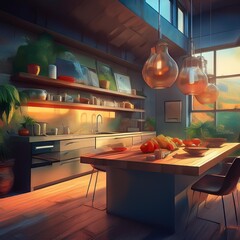 smart home luxury kitchen; cook at the table; modern loft