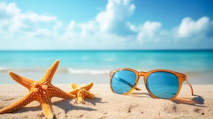 Starfish and sunglasses on summer beach. Summer background. Vacation and travel concept