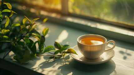 White minimalistic cup of green herbal tea on the windowsill on a sunny day next to green plants on the window