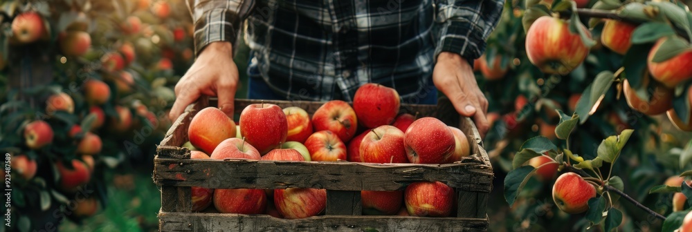 Wall mural fruit farmer moving a crate packed with apples in the orchard.