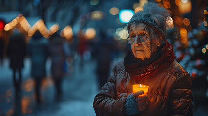 Fototapeta premium Older woman joins a candlelight vigil, standing solemnly with a serious expression