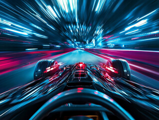 A car is speeding down a road with a bright blue background